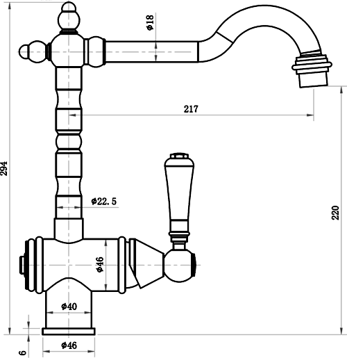 Technical image of Mayfair Kitchen Rustique Traditional Kitchen Tap With Swivel Spout (Chrome).