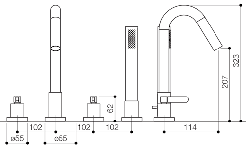 Technical image of Mayfair Stic 4 Tap Hole Bath Shower Mixer Tap With Shower Kit (Chrome).