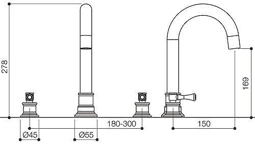 Technical image of Mayfair Tait Lever 3 Tap Hole Bath Filler Tap (Chrome).