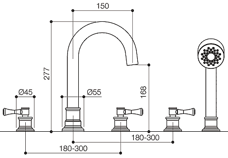 Technical image of Mayfair Tait Lever 5 Tap Hole Bath Shower Mixer Tap With Shower Kit (Chrome).