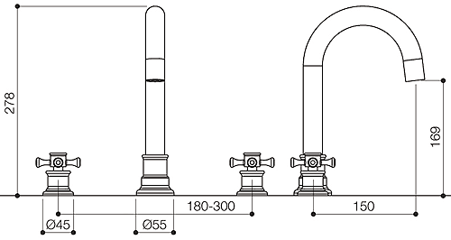 Technical image of Mayfair Tait Cross 3 Tap Hole Bath Filler Tap (Chrome).