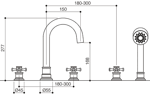 Technical image of Mayfair Tait Cross 5 Tap Hole Bath Shower Mixer Tap With Shower Kit (Chrome).