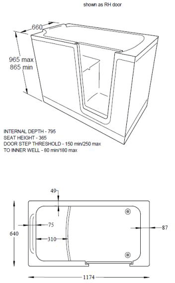 Technical image of Mantaleda Priya Walk In Corner Bath With Left Hand Door (1210x650).