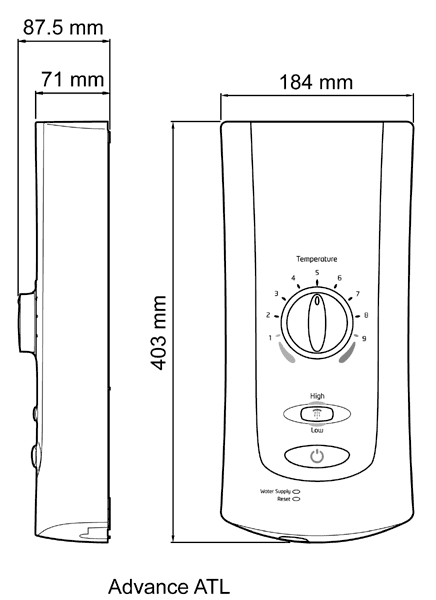 Technical image of Mira Electric Showers Mira Advance ATL 9kW, thermo, white & chrome.
