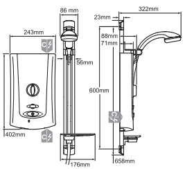 Technical image of Mira Advance Low Pressure Electric Shower 9.0kW (W/C).