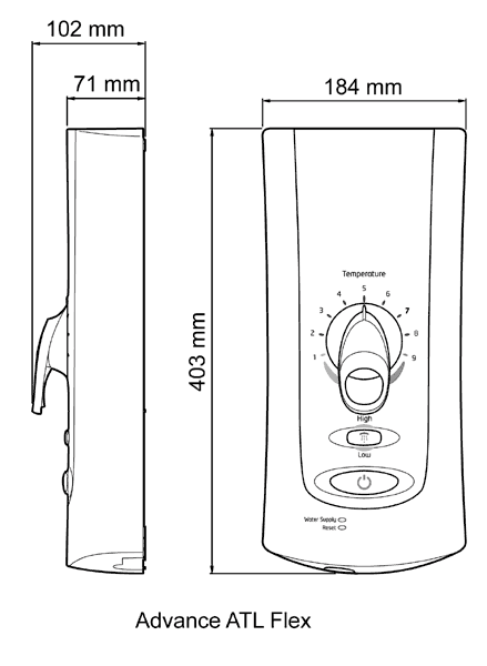 Technical image of Mira Electric Showers Mira Advance ATL 9kW Flex in white & chrome.