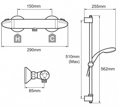 Technical image of Mira Coda Pro EV Thermostatic Bar Shower Valve With Slide Rail Kit.