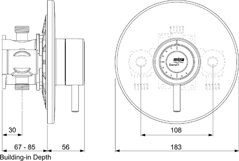 Technical image of Mira Element Concealed Thermostatic Shower Valve & Shower Head (Chrome).