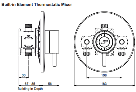 Technical image of Mira Element Concealed Thermostatic Shower Valve With Round Shower Head.