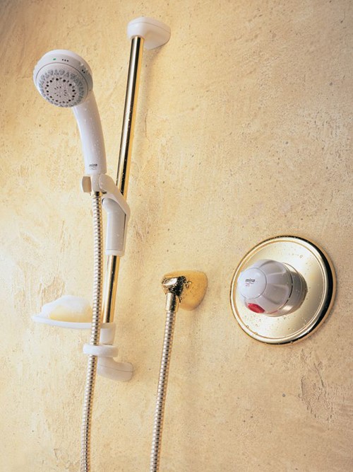 Larger image of Mira Combiforce 415 Concealed Shower Kit with Slide Rail in White & Gold.