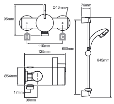 Technical image of Mira Miniduo Exposed Thermostatic Shower Valve With Eco Slide Rail Kit.