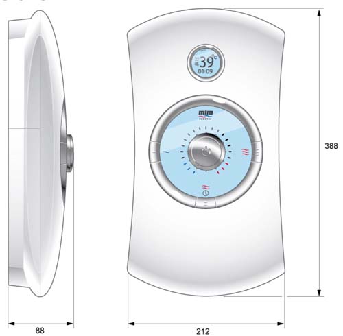 Technical image of Mira Orbis 10.8kW Thermostatic Electric Shower With LCD (White).