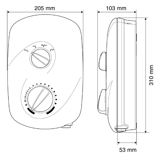 Technical image of Mira Zest 7.5kW Electric Shower In White & Chrome.