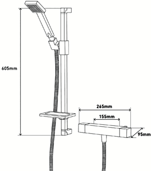 Technical image of MX Showers Atmos Cube Square Bar Shower Valve With Slide Rail Kit.