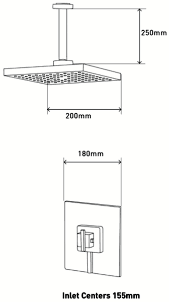 Technical image of MX Showers Atmos Zinc Shower Valve With Square Shower Head & Arm.