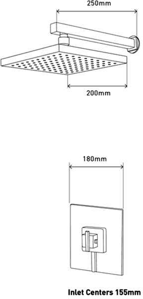 Technical image of MX Showers Atmos Zinc Shower Valve With Square Shower Head & Arm.