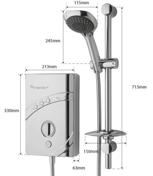 Technical image of MX Showers InspiratIon QI Electric Shower (10.5kW, Chrome).