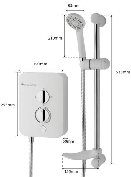 Technical image of MX Showers Intro 850 Electric Shower (8.5kW, White & Chrome).