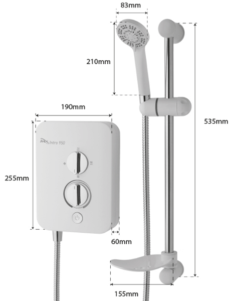 Technical image of MX Showers Intro 950 Electric Shower (9.5kW, White & Chrome).