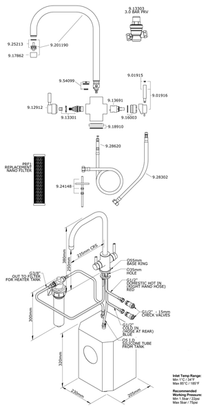 Technical image of Perrin & Rowe Phoenix 3n1 Boiling Water Kitchen Tap (Pewter, U Spout).