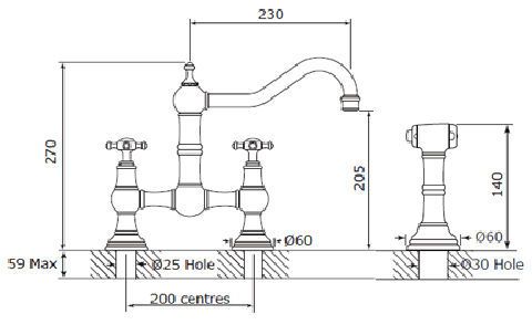 Technical image of Perrin & Rowe Provence Kitchen Tap With Rinser & X-Head Handles (Nickel).