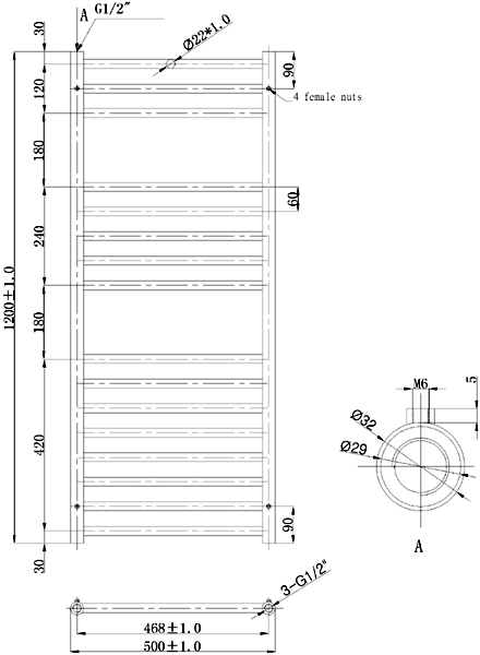 Technical image of Phoenix Radiators Athena Towel Radiator (16 Rails, Stainless Steel). 500x1200.