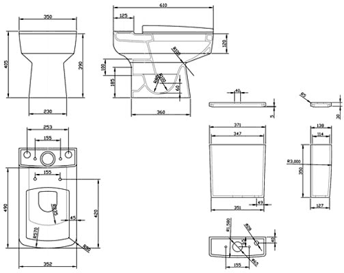 Technical image of Crown Ceramics Bliss Toilet With Push Flush Cistern & Seat.