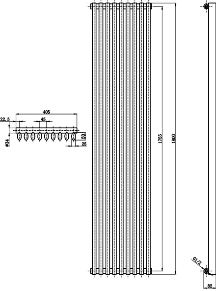 Technical image of Crown Radiators Cypress 4697 BTU Radiator (Anthracite). 405x1800mm.