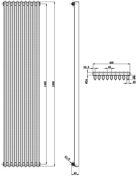 Technical image of Crown Radiators Cypress 3915 BTU Radiator (Anthracite). 405x1500mm.