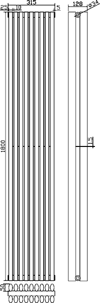 Technical image of Crown Radiators Cypress 5036 BTU Radiator (Black). 1800x315mm.