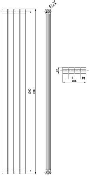 Technical image of Crown Radiators Myrtle Vertical Radiator (Black). 255x1800mm. 4105 BTU.