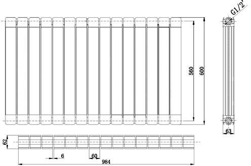 Technical image of Crown Radiators Myrtle Horizontal Radiator (Silver). 984x600mm. 5728 BTU.