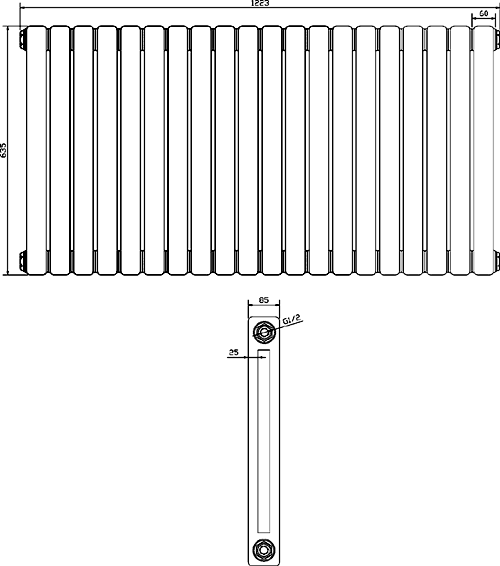 Technical image of Crown Radiators Peony Double Radiator. 7108 BTU (White). 1223x635mm.