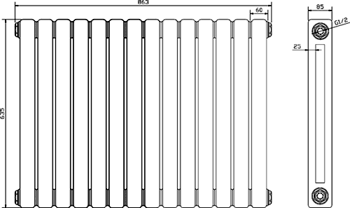 Technical image of Crown Radiators Peony Double Radiator. 5108 BTU (White). 863x635mm.