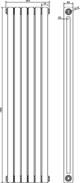 Technical image of Crown Radiators Peony Double Radiator. 6702 BTU (Anthracite). 1800mm Tall.