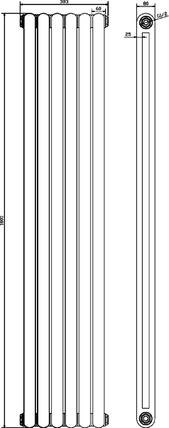 Technical image of Hudson Reed Radiators Salvia Double Radiator. 4760 BTU (White). 1800x383mm.