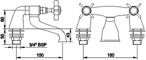 Technical image of Crown Traditional Bath Filler Tap (Chrome).