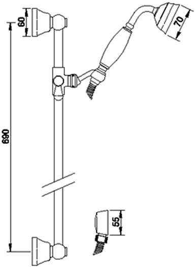 Technical image of Crown Showers Triple Thermostatic Shower Valve, Slide Rail Kit, Head & Arm.