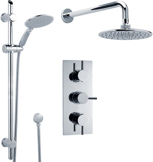 Larger image of Crown Showers Triple Thermostatic Shower Valve, Slide Rail Kit, Head & Arm.