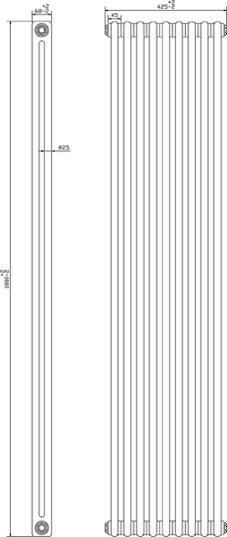 Technical image of Crown Radiators Regency 2 Column Radiator (Black). 425x1800mm. 5749 BTU.