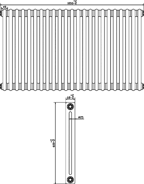 Technical image of Crown Radiators Regency 2 Column Radiator (White). 1055x600mm. 4897 BTU.