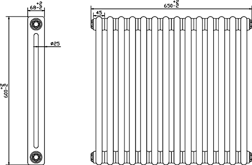 Technical image of Crown Radiators Regency 2 Column Radiator (White). 650x600mm. 2981 BTU.