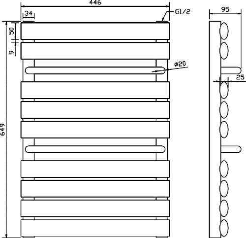 Technical image of Crown Radiators Radiator With Built In Towel Rails (White). 445x650mm.