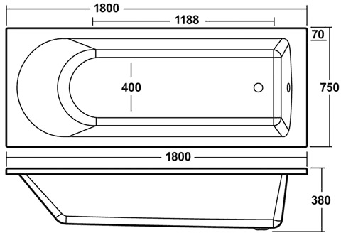 Technical image of Crown Baths Barmby Single Ended Acrylic Bath. 1800x750mm.