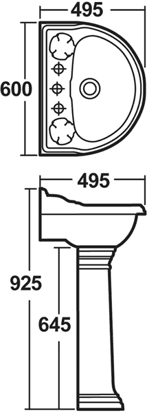 Technical image of Crown Ceramics Ryther 600mm Basin & Pedestal (1 Tap Hole).