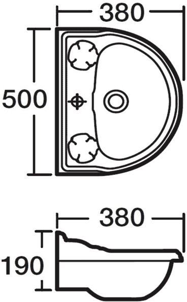 Technical image of Crown Ceramics Ryther Cloakroom Basin (1 Tap Hole).