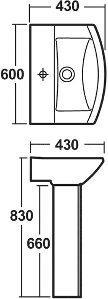 Technical image of Crown Ceramics Asselby 600mm Basin & Pedestal (1 Tap Hole).