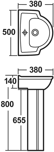Technical image of Crown Ceramics Linton 500mm Basin & Pedestal (1 Tap Hole).