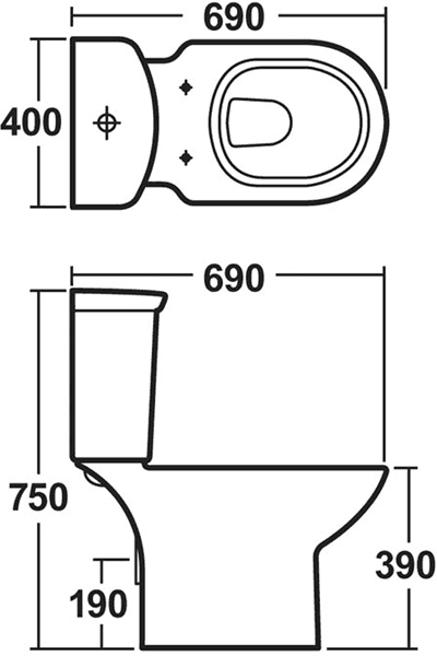 Technical image of Crown Ceramics Otley Toilet With Push Flush Cistern & Soft Close Seat.