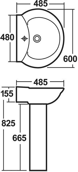 Technical image of Crown Ceramics Otley 600mm Basin & Pedestal (1 Tap Hole).